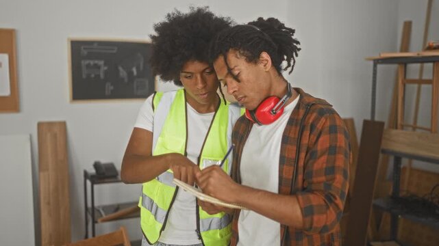Man pointing to notepad as partner writes notes, carpenter wearing high vis vest and ear muffs in studio; teamwork training.