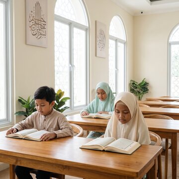 Group of Muslim Children Reading Holy Quran in Madrasah Classroom for Religious Education