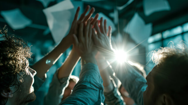 Triumphant High Five in Dramatic Light