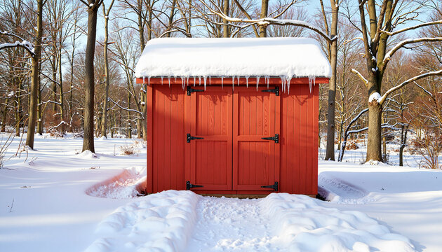Red wooden shed in snowy landscape with icicles, winter garden prep