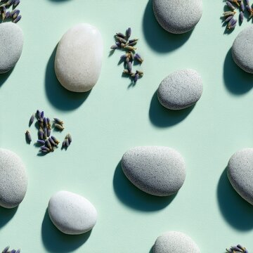 Smooth pebbles and dried lavender buds on mint green background. Zen spa flat lay pattern with soft sunlight shadows. Wellness, balance and relaxation concept.