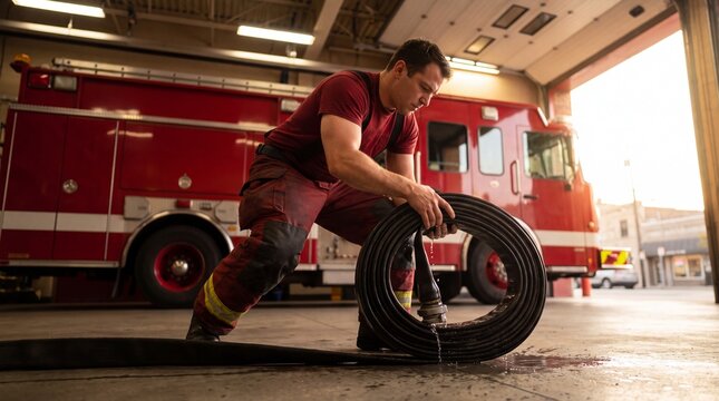 Firefighter coiling fire hose in station apparatus bay