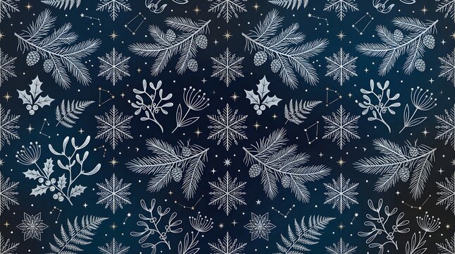 A seamless festive holiday pattern featuring delicate white line art illustrations of pine branches, pinecones, mistletoe, ferns, and intricate snowflakes against a dark blue background.