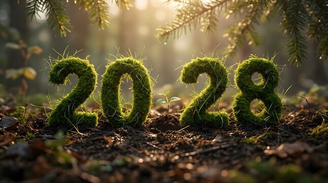 A creative and artistic representation of the year 2028 made from lush green moss and natural forest soil with a small sprout growing in between