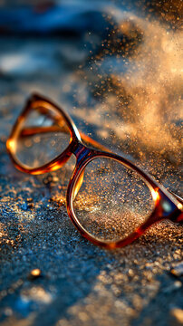 Close-up of glasses, reflecting golden light and dust motes