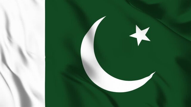 Waving flag of Pakistan featuring a white vertical stripe on the left and a white crescent and star on a dark green background fabric