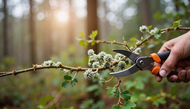 Close-up of hand trimming lichen-covered branch in foggy woodlands, nature care