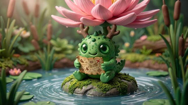 Claymation Swamp Monster Sitting under Water Lily Reading a Map