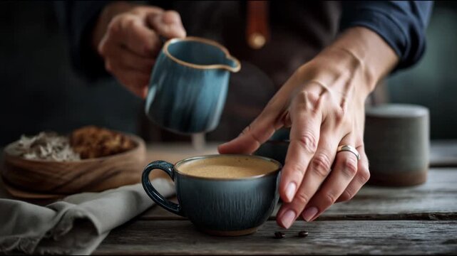 Professional barista preparing a hot steaming cup of specialty coffee on a rustic wooden table
