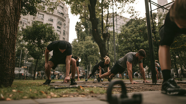 Group Of Friends Doing An Outdoor Bootcamp Workout In A City Park, Diffused Overcast Daylight, Wide-Angle 24mm Lens, Expansive View, High-Contrast Tones, Photorealistic, Ultra-Detailed