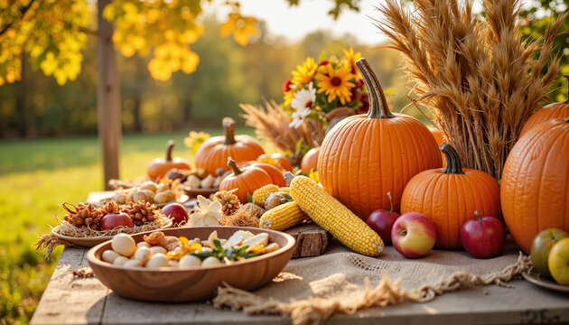 Bountiful harvest table with pumpkins and corn, autumn celebration