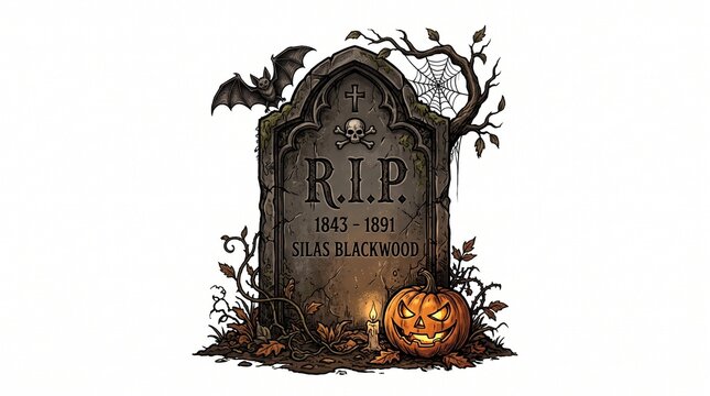 halloween tombstone rip gravestone spooky pumpkin jack o lantern bat bats cemetery graveyard gothic creepy skeleton skull cross tree dead tree spider web on transparent background