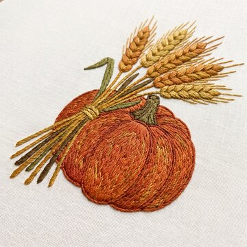 Hand embroidered pumpkin and wheat stalks on white fabric for autumn seasonal home decor craft with detailed hand embroidery embroidery design orange
