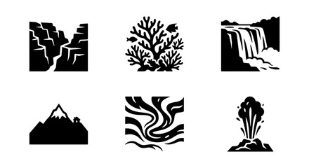 Fototapeta premium Nature Landscape Icons Set: Mountains, Waterfall, Canyon, Coral Reef, Volcano, River