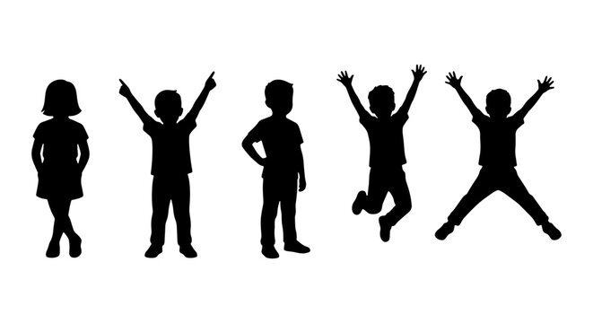 Children Silhouettes, Diverse Poses, Playful Kids Vector Set, Black on White Background