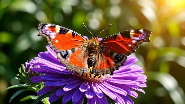 Beautiful peacock butterfly perched on purple aster flower, wings open in bright sunlight, nature background