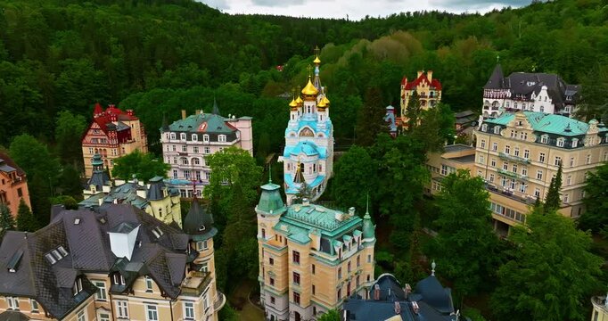 Aerial view of a beautiful forest city featuring incredibly fairytale, like architecture and thermal springs with healing water, Karlovy Vary, Czech Republic