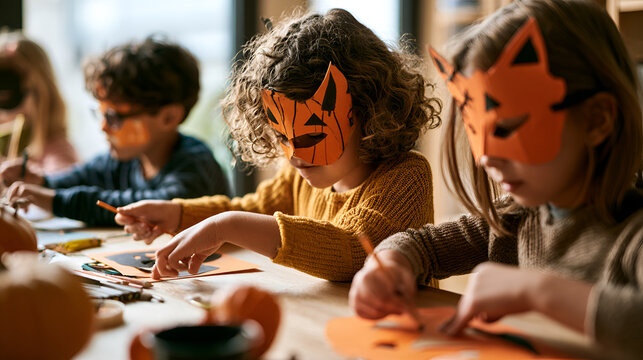 Kids Designing Their Own Halloween Masks At A Craft Table, Bright Airy Natural Light, Shot On 50mm Lens, Natural Perspective, High-Contrast Tones, Photorealistic, Ultra-Detailed