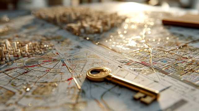Golden key on a map with abstract city elements and light