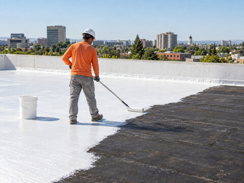 Roofer Applying White Reflective Cool Roof Coating for Urban Heat Reduction