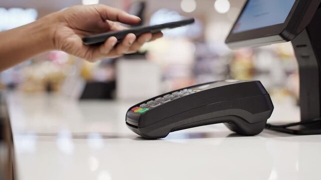 A customer makes a contactless mobile payment using a smartphone at a retail checkout counter in a store