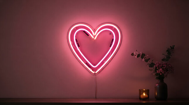 Neon heart light sign glowing pink on a soft background with copy space