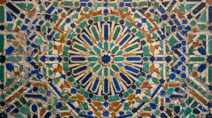 Obraz premium Decorative tile mosaic design in vibrant colors on a rustic background