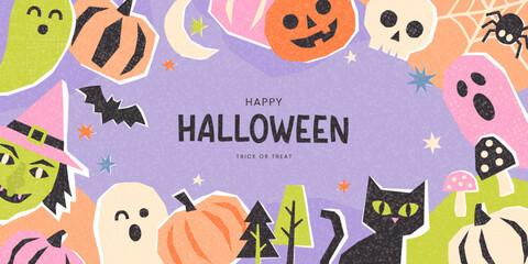Fototapeta na wymiar Festive Halloween background in paper-cut style with grainy texture, featuring pumpkins, ghosts, witch and cat. Cute frame design for autumn party invitation and seasonal banner, vector illustration.