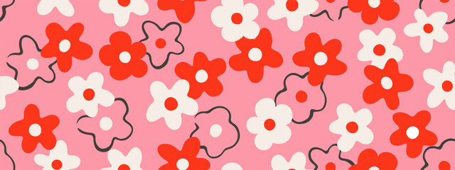 Obraz premium Seamless floral pattern with retro flowers in flat and line art style in pink, red and white colors. Groovy design for summer textile, wrapping paper and trendy wallpaper, vector illustration.