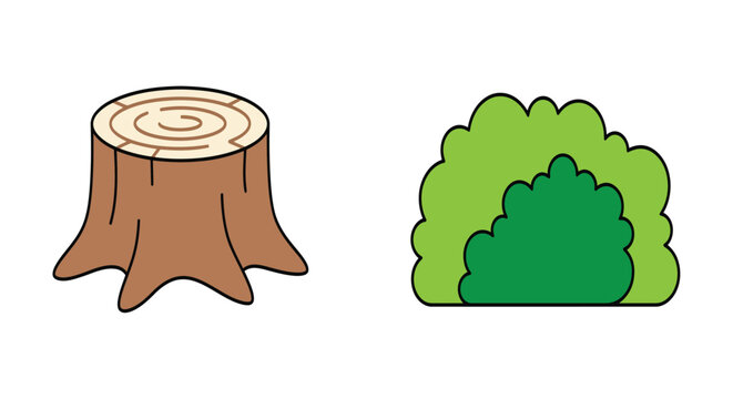 Cartoon style tree stump and shrub illustration with white background trunk woodland forest bush foliage