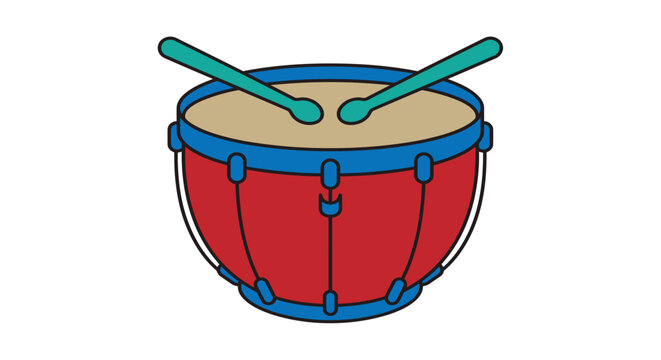 A red bass drum with blue rims and drumsticks is illustrated in a colorful vector style