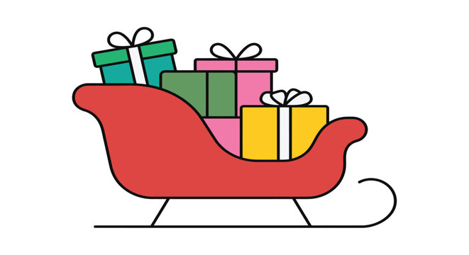 A red sleigh loaded with colorful gift boxes is depicted in a flat vector illustration