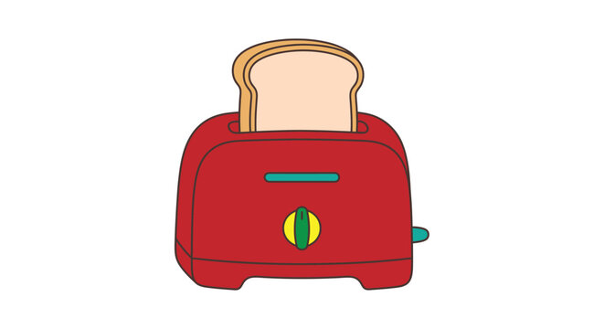Red toaster with a slice of bread popping up illustrated in a flat vector style