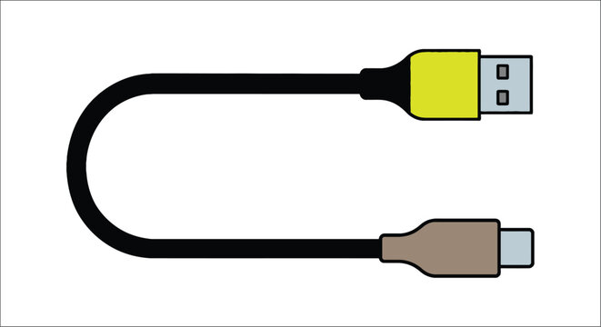 A usb cable with a usb c connector is depicted in a flat vector illustration