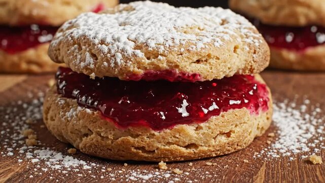 Delicious homemade scone with a sweet raspberry jam filling and dusted with powdered sugar, ready to eat