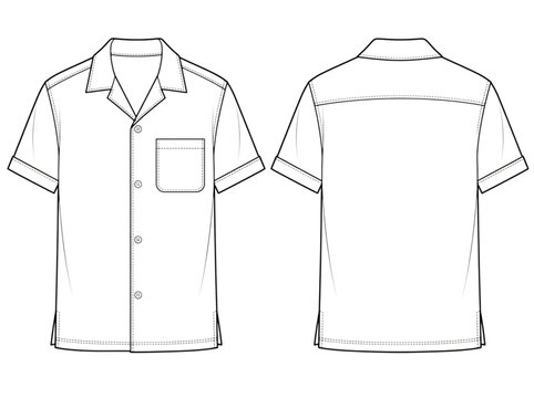 Fashion CAD technical drawing of a short sleeve button down camp shirt with front pocket