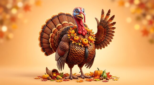 Friendly turkey waving hello with autumn leaves and pumpkins for a happy thanksgiving celebration