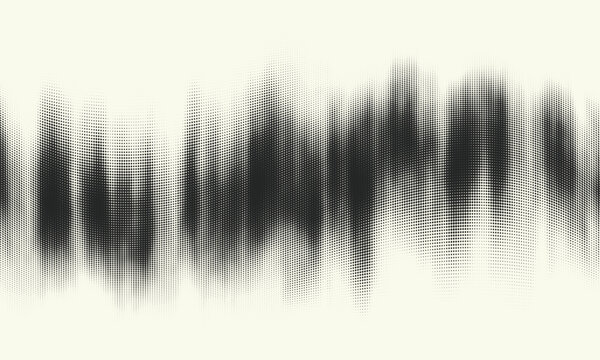 Vector halftone wave pattern with black dots on cream background. Retro print texture with flowing lines and grain.