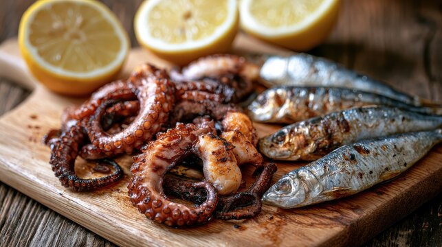 Grilled octopus tentacles and whole sardines on a rustic wooden board, lemon halves, Mediterranean seaside vibe