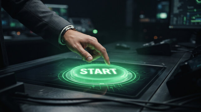 Futuristic glowing start button on digital interface, businessman hand pressing virtual launch icon, green neon technology control panel