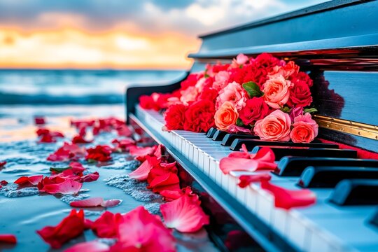 A piano with a bunch of roses on top of it