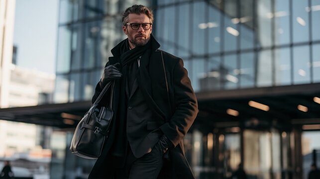 Business professional arriving at modern office in winter with tailored coat, scarf, and work bag Generative AI