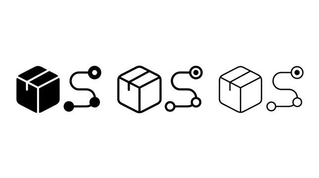 Minimalist shipping box icons in solid and outline styles featuring route tracking nodes