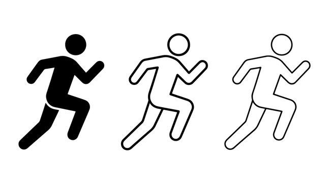 Minimalist black running man pictogram icons set showing motion in flat style