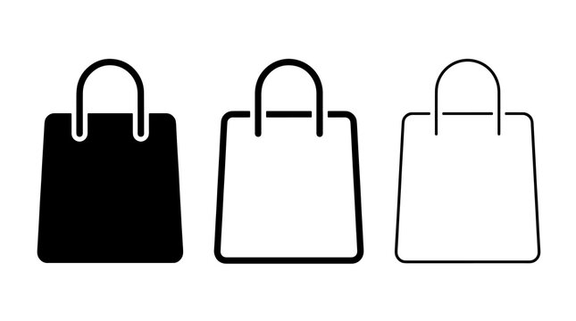 Minimalist black shopping bag icons in solid and line art styles for e-commerce design