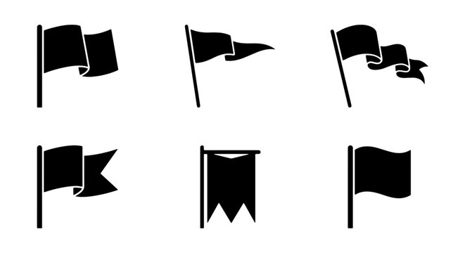Set of 6 Black Vector Flags, Pennants, Banners, Icons for Design