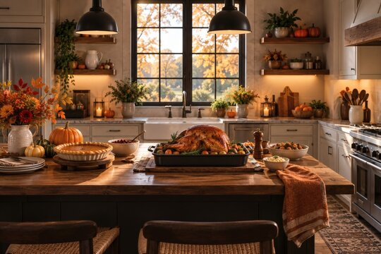 Thanksgiving Kitchen with Roast Turkey and Pumpkin Pie