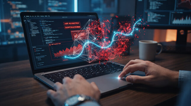 Cybersecurity data visualization on laptop screen, digital threat detection and network security analytics, futuristic glowing blue and red holographic interface