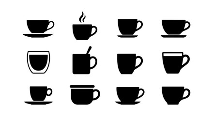Fototapeta premium 12 Black Coffee Cup Icons, Hot Beverage Mugs, Espresso & Tea Set, Vector Graphics