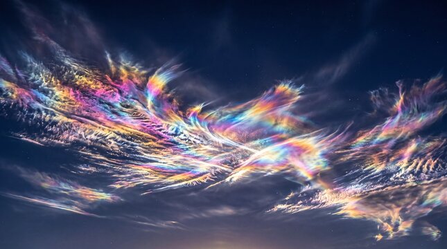 Iridescent Clouds Glowing with Rainbow Colors in Sky